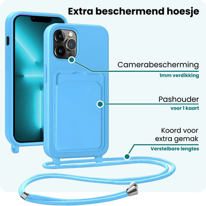 Forterra iPhone 13 Pro Max Hoesje Met Telefoonkoord en Pasjeshouder Siliconen - Lichtblauw