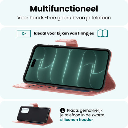 Forterra iPhone 18 Pro Max Hoesje Bookcase Cover met Kaarthouder - Rosé goud