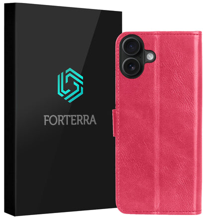 Forterra iPhone 16 Plus Hoesje Bookcase Cover met Kaarthouder - Donkerroze