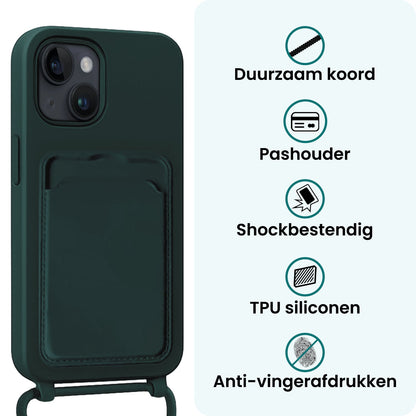 Forterra iPhone 15 Hoesje Met Telefoonkoord en Pasjeshouder Siliconen - Donkergroen