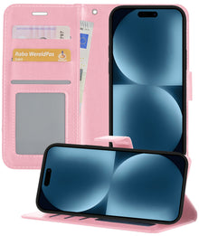 Forterra iPhone 15 Pro Max Hoesje Bookcase Cover met Kaarthouder - Lichtroze