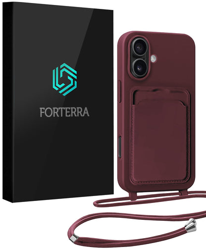 Forterra iPhone 16 Plus Hoesje Met Telefoonkoord en Pasjeshouder Siliconen - Aubergine