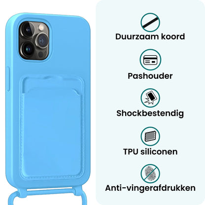 Forterra iPhone 14 Pro Max Hoesje Met Telefoonkoord en Pasjeshouder Siliconen - Lichtblauw