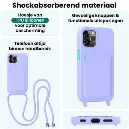 Forterra iPhone 15 Pro Hoesje Met Telefoonkoord en Pasjeshouder Siliconen - Lila