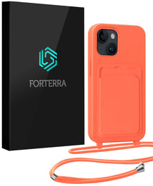 Forterra iPhone 14 Hoesje Met Telefoonkoord en Pasjeshouder Siliconen - Papaya