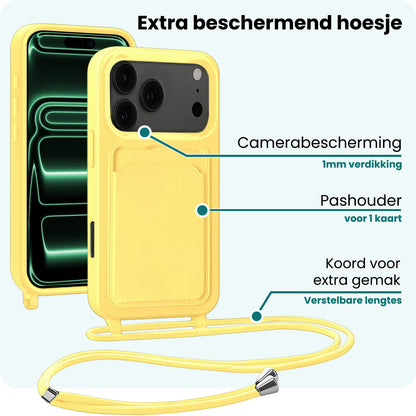 Forterra iPhone 17 Pro Hoesje Met Telefoonkoord en Pasjeshouder Siliconen - Geel