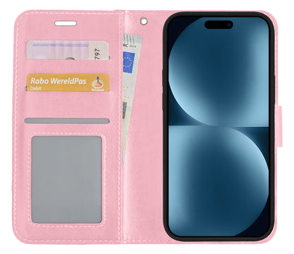 Forterra iPhone 15 Plus Hoesje Bookcase Cover met Kaarthouder - Lichtroze