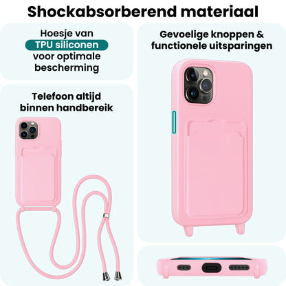 Forterra iPhone 13 Pro Hoesje Met Telefoonkoord en Pasjeshouder Siliconen - Lichtroze