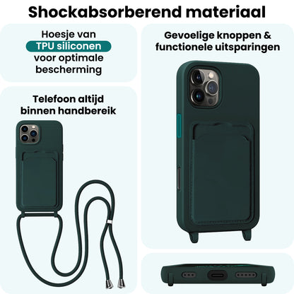 Forterra iPhone 16 Pro Hoesje Met Telefoonkoord en Pasjeshouder Siliconen - Donkergroen