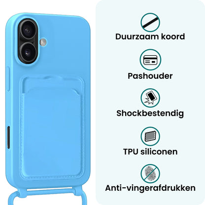 Forterra iPhone 16 Plus Hoesje Met Telefoonkoord en Pasjeshouder Siliconen - Lichtblauw