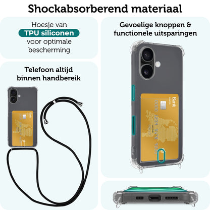 Forterra iPhone 16 Hoesje Kaarthouder met Koord Backcover Shockproof - Transparant