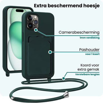 Forterra iPhone 14 Pro Hoesje Met Telefoonkoord en Pasjeshouder Siliconen - Donkergroen