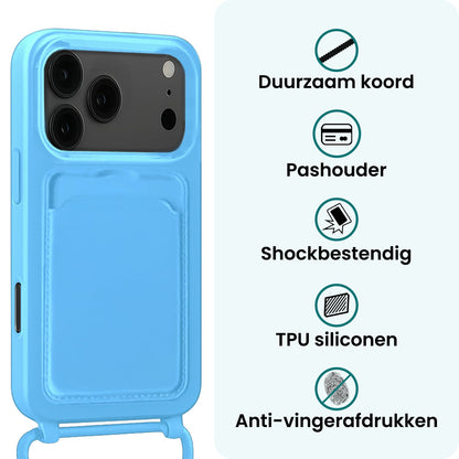 Forterra iPhone 17 Pro Max Hoesje Met Telefoonkoord en Pasjeshouder Siliconen - Lichtblauw