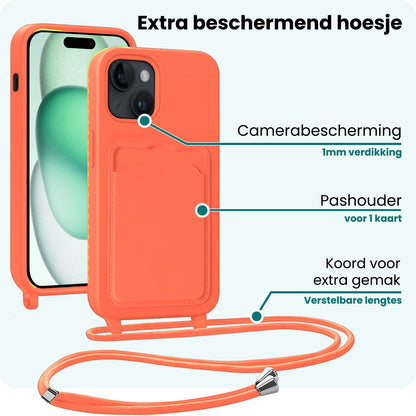 Forterra iPhone 15 Hoesje Met Telefoonkoord en Pasjeshouder Siliconen - Papaya