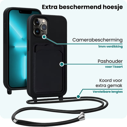 Forterra iPhone 13 Pro Hoesje Met Telefoonkoord en Pasjeshouder Siliconen - Zwart