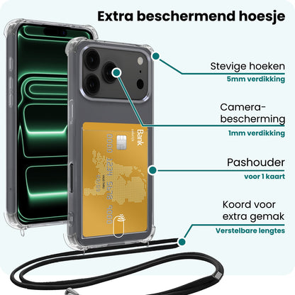 Forterra iPhone 17 Pro Hoesje Kaarthouder met Koord Backcover Shockproof - Transparant