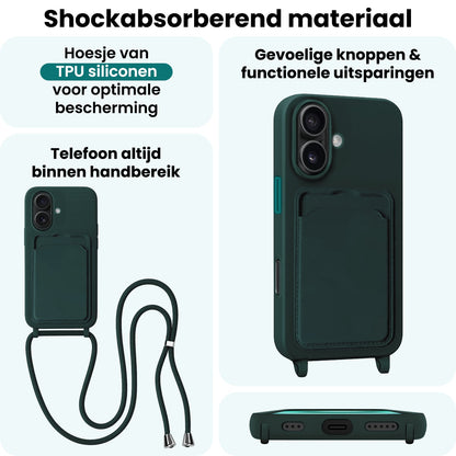 Forterra iPhone 16 Plus Hoesje Met Telefoonkoord en Pasjeshouder Siliconen - Donkergroen