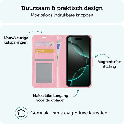 Forterra iPhone 16 Pro Hoesje Bookcase Cover met Kaarthouder - Lichtroze