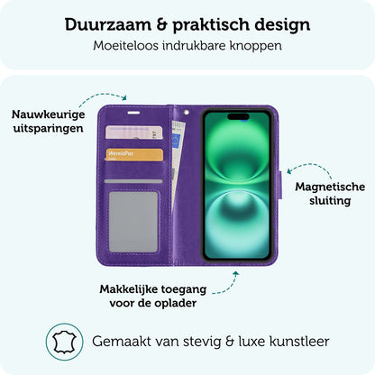 Forterra iPhone 16 Hoesje Bookcase Cover met Kaarthouder - Paars