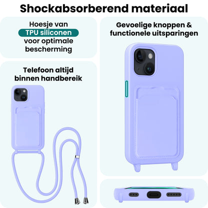 Forterra iPhone 13 Hoesje Met Telefoonkoord en Pasjeshouder Siliconen - Lila